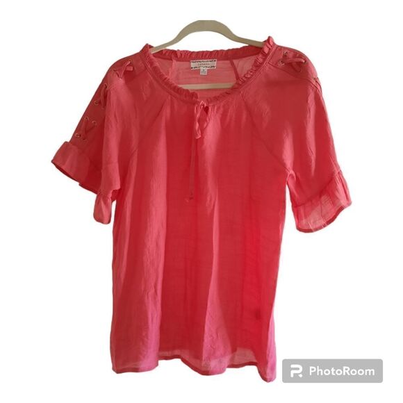 Corvia Ruffle Lace Up Sleeve Peasant Top - Coral - Picture 1 of 5
